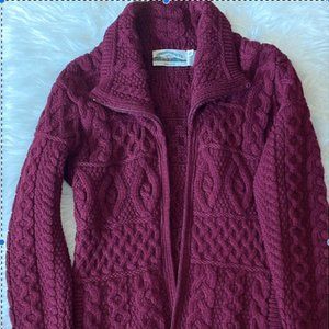 High Collar Aran Zipper Sweater Coat- Wine/Burgundy Color